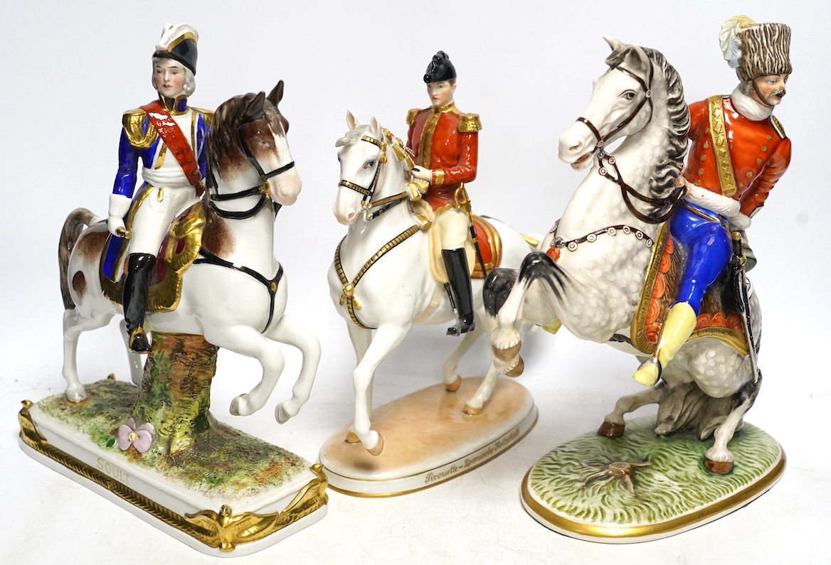 A group of eight Italian porcelain figures on horseback, tallest 30cm. Condition - fair